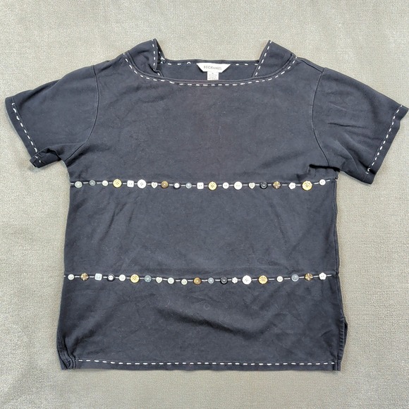Bechamel Button Detail Top XL Womens Black Cotton Whipstitch Boho Tee Button Art — photo 2